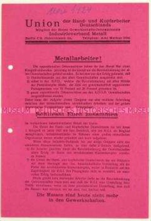 Aufruf zum Eintritt in den Industrieverband Metall der Union der Hand- und Kopfarbeiter Deutschlands