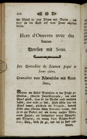 Hors d´Oeuvres avec des Sauces. Voreßen mit Sous.