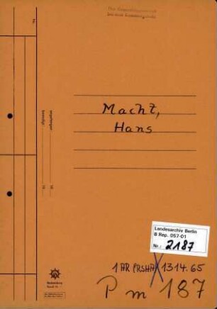 Personenheft Hans (Johann) Macht (*28.11.1903)