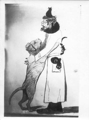 Hans Richter mit drei Katzen und einem Hund : Hans Richter mit drei Katzen und einem Hund (Karikatur). Kohlezeichnung (um 1930; E. Richter). Dresden-Südvorstadt, Eisenstuckstraße, Atelier der Künstlerin