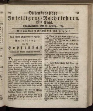 XIII. Stück. Sonnabends: den 28. Merz., 1789.