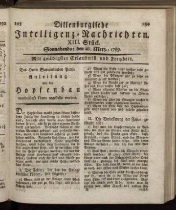 XIII. Stück. Sonnabends: den 28. Merz., 1789.