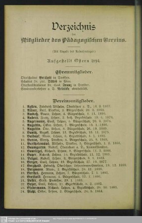 Verzeichnis der Mitglieder des Pädagogischen Vereins