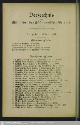 Verzeichnis der Mitglieder des Pädagogischen Vereins