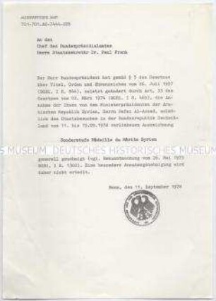 Genehmigung zur Annahme des Zivilverdienstordens (Medaille du Mérite Syrien), Großkreuz (Sonderstufe)