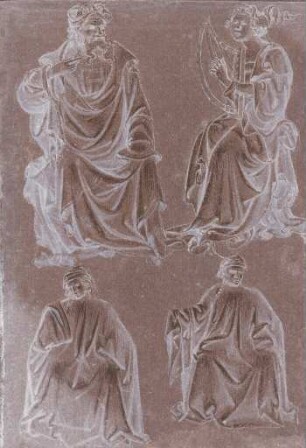 Vier sitzende Figuren: sitzender Prophet, jugendliche Gestalt mit Harfe (Engel?), zwei Figuren in zeitgenössischen Trachten (Richter oder Gelehrte)