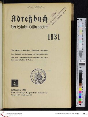 1931: [1931] Adreßbuch der Stadt Hildesheim : 1931