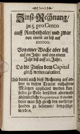 Zinß-Rechnung/ zu 5. pro Cento auff Reichsthaler/ - [Proportional-Tabellen. /Auff schwere Schock]