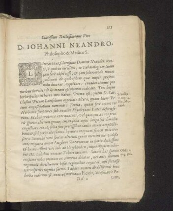 Clarissimo Doctissimoque Viro D. Iohanni Neandro, Philosopho & Medico S.