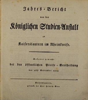Jahresbericht der K. Studienanstalt zu Kaiserslautern. 1818