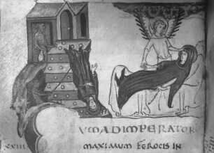 Vita Sancti Martini — Sankt Martin stürzt die Treppe hinunter durch eine List des Teufels und wird von einem Engel geheilt., Folio 39 verso