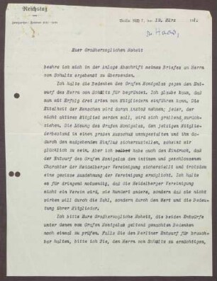 Schreiben von Ludwig Haas an Prinz Max von Baden; Gedanken zur Mitgliederstruktur der Heidelberger Vereinigung