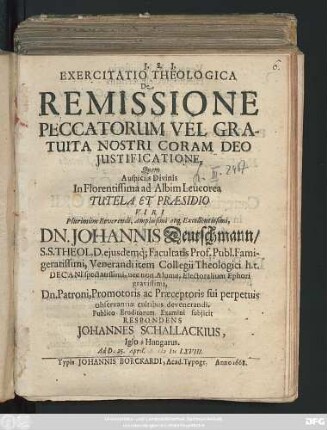 Exercitatio Theologica De Remissione Peccatorum Vel Gratuita Nostri Coram Deo Iustificatione