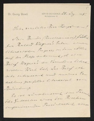 Brief von Georg Bondi an Gerhart Hauptmann