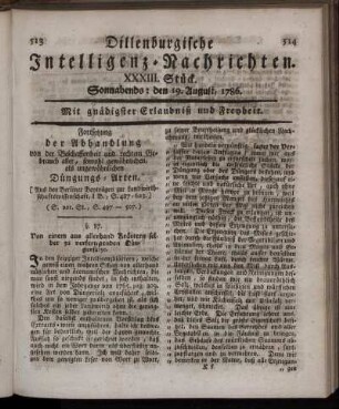 XXXIII. Stück. Sonnabends: den 19. August, 1786.