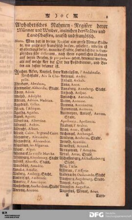 Alphabetisches Nahmen-Register derer Männer und Weiber, ingleichen der Städte und Landschaften, teutsch und französisch.