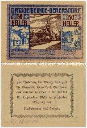 50 Heller, Notgeldschein der Gemeinde Gerersdorf