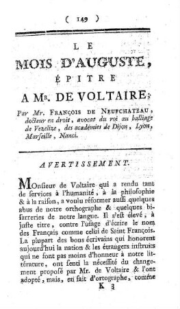 Le Mois d'Auguste, épitre a Mr. de Voltaire