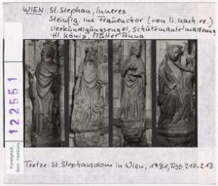 Wien, Stephansdom: Inneres, Frauenchor, von li. nach re: Verkündigungsengel, Schutzmantelmadonna, Hl. König, Mutter Anna