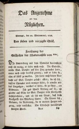 Das sieben und vierzigste Stück. Montags, den 22. Wintermonat, 1756.