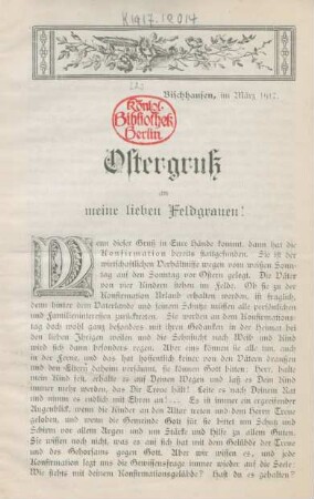 Ostergruß an meine lieben Feldgrauen : Bischhausen, im März 1917