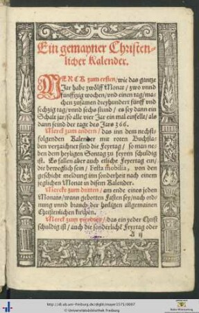 Ein gemayner Christenlicher Kalender mit handschriftlichen Eintragungen