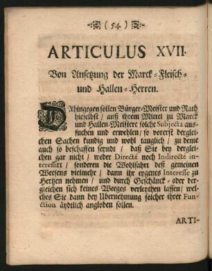 Articulus XVII. Von Ansetzung der Marck-Fleisch- und Hallen-Herren.