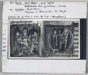 Vergleich zweier Manuskriptseiten: li. Dekretalen des Gratian, Paris, Bibliothèque Nationale MS lat. 3893, re. Breviar von Norwich, London, British Museum