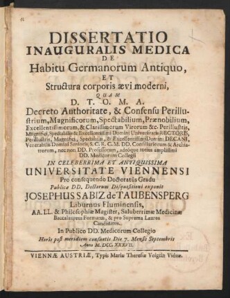 Dissertatio Inauguralis Medica De Habitu Germanorum Antiquo, Et Structura corporis ævi moderni