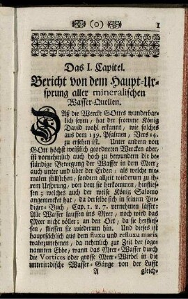 Das I. Capitel. Bericht von dem Haupt-Ursprung aller mineralischen Wasser-Quellen.