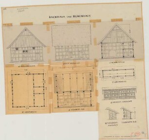 Ostenland bei Delbrück (Kreis Paderborn): Osterhorsthof. - Backhaus (Grundriss, Ostansicht, Südansicht, Schnitte). - Bienenhaus (Grundriss, Nordostansicht, Südostansicht, Querschnitt)
