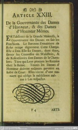 Article XXIII. De la Gouvernante des Dames d'Honneur, & des Dames d'Honneur Memes