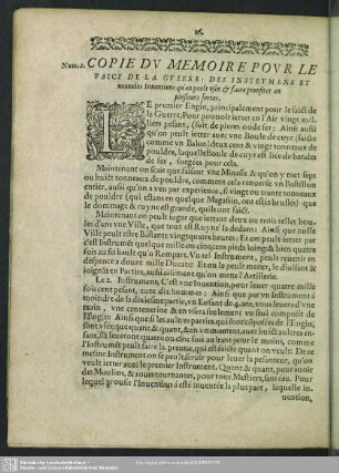 Copie Du Memoire Pour Le Faict De La Guerre: Des Instrumens ...