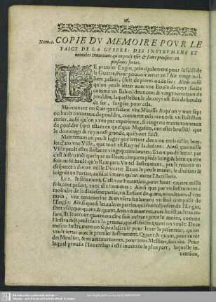 Copie Du Memoire Pour Le Faict De La Guerre: Des Instrumens ...