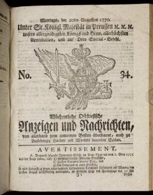 No. 34. Montags, den 20ten Augustus 1770.