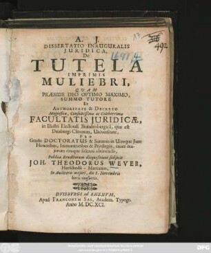 Dissertatio Inauguralis Iuridica, De Tutela Imprimis Muliebri