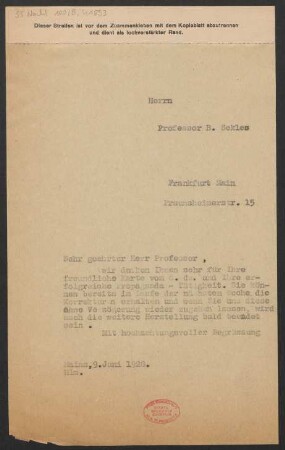 Brief an Bernhard Sekles : 09.06.1928