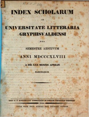 Index scholarum in Universitate Litteraria Gryphiswaldensi ... habendarum, SS 1848