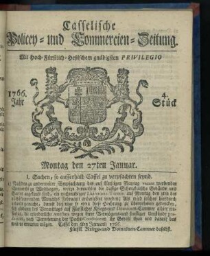 4. Stueck, Montag den 27ten Januar 1766
