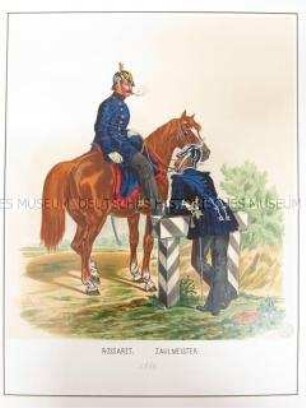 Uniformdarstellung, Ross-Arzt zu Pferd, Zahlmeister, Preußen, 1864. Tafel 86 aus: Schindler: Militair-Album.