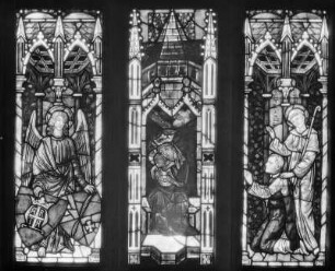 Glasfenster mit Engel, Madonna und Anbetenden : Glasfenster mit Engel, Madonna und Anbetenden. Glasmalerei (1386/1400). Judendorf-Straßengel, Wallfahrtskirche Sankt Maria, Nördliche Apside