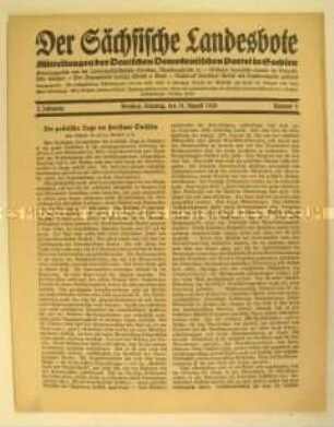 Mitteilungsblatt der DDP Sachsen zur politischen Lage im Freistaat Sachsen im August 1926