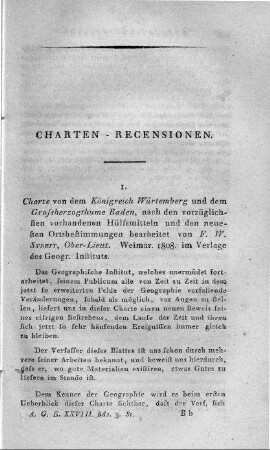 Charte von dem Königreiche Wirtemberg und dem Grosherzogthume Baaden / nach den vorzüglichsten vorhandenen Hülfsmitteln und den neuesten Ortsbestimmungen bearbeitet von F. W. Streit. - [Ca. 1:620.000]. - Weimar : Verlag des Geogr. Instituts, 1808. - 1 Kt. : Kupferst. ; 46 x 51 cm. - Maßstab in graph. Form (geogr. Meilen, franz. Lieues). - Nullmeridian: Ferro. - Mit Bergstrichen. - Mit 1 statist. Tab