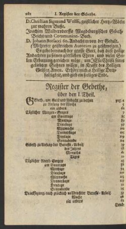 Register der Gebethe, über den I. Theil.