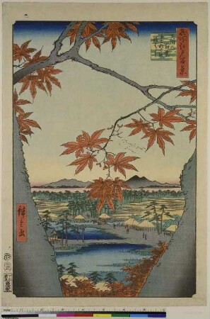 Rote Ahornblätter in Mama, der Tekona-Schrein und die Verbindungsbrücke, Blatt 94 aus der Serie: 100 berühmte Ansichten von Edo