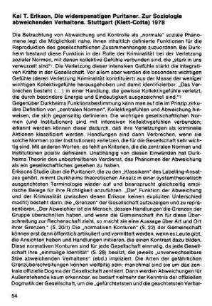 54-58, Kai T. Erikson. Die widerspenstigen Puritaner. Zur Soziologie abweichenden Verhaltens. Stuttgart (Klett-Cotta) 1978