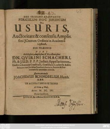 Periculum Hoc Iuridicum De Usuris, Auctoritate & consensu Amplissimi ICtorum Ordinis in Academia Lipsiensi