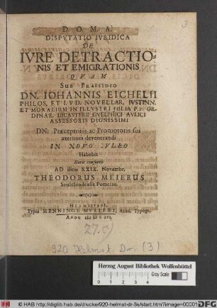 Disputatio Iuridica De Iure Detractionis Et Emigrationis