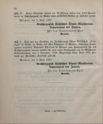 44. Ministerial-Bekanntmachung, betreffend Wechsel in der Hauptagentur der Versicherungs-Aktien-Gesellschaft "Securitas" in Berlin