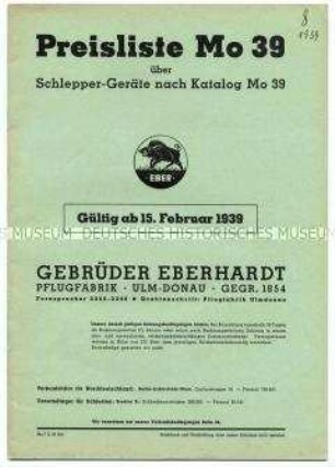 Preisliste über Schlepper-Pflüge